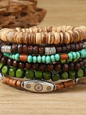 Set Of 6 Unisex Wooden Tribal Boho Stacking Bracelets.2.16”. NIB. Free Ship.